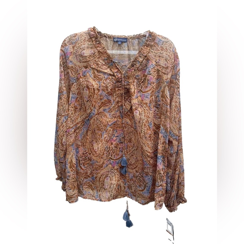 New Democracy Women Peasant Top S Multi Paisley Tasseled Boho Cottage Core Lined